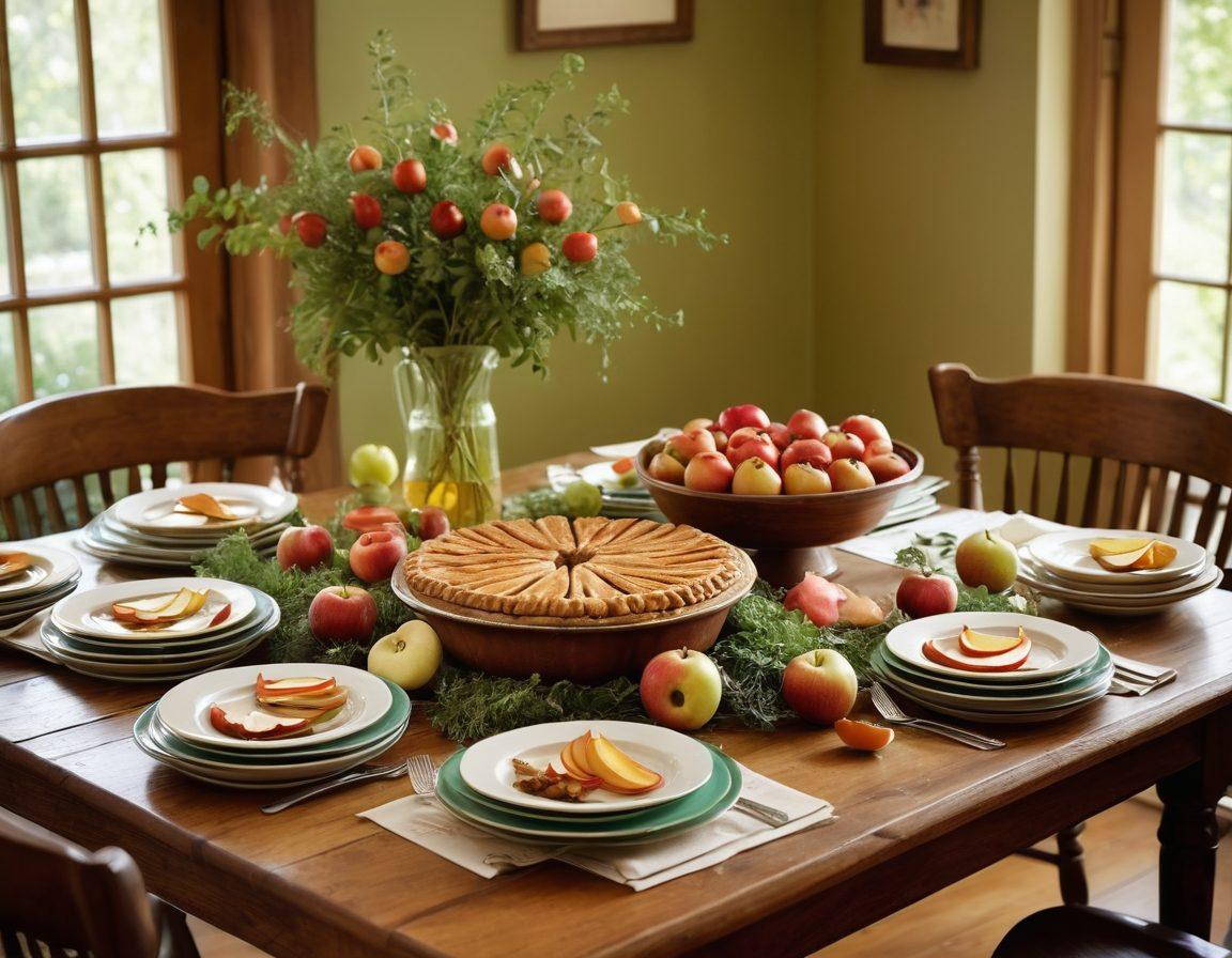 A beautifully arranged wooden table adorned with various vibrant apple dishes, including a warm apple pie, fresh apple slices with caramel, and a colorful apple salad. Surrounding the dishes are lush green herbs and nutrition tips on handwritten note cards, creating an inviting and wholesome atmosphere. The background features a sunlit kitchen with rustic decor. Painting. Warm tones.