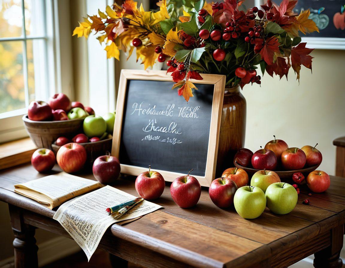 A rustic wooden table adorned with an array of vibrant seasonal apples in various colors and sizes, showcasing their shine and freshness. Surrounding the apples are hints of autumn foliage, like colorful leaves and small pumpkins, creating a cozy and inviting atmosphere. In the background, a warm kitchen with natural light pouring in enhances the wholesome feel. Emphasize on the healthful aspect by including a measuring tape and a small chalkboard with health benefits written on it. super-realistic. vibrant colors. warm lighting.