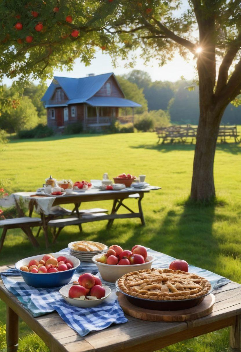 A rustic wooden table set with a beautiful spread of fresh apple dishes, including a vibrant apple pie, a refreshing apple salad, and a steaming bowl of apple sauce. Surround the table with lush apple orchards under a clear blue sky, showcasing ripe apples hanging from the trees. Incorporate a cozy farmhouse in the background, with warm, inviting sunlight illuminating the scene. The overall vibe should feel wholesome and inviting, depicting the journey from orchard to table. super-realistic. vibrant colors. natural setting.